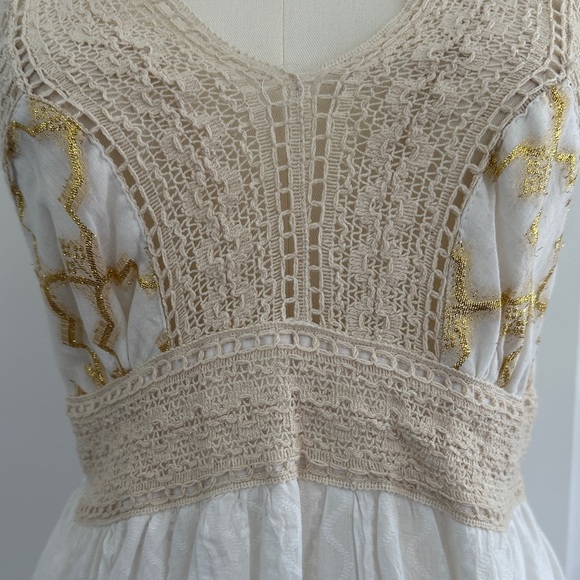 NWT Shira White 100% Cotton Crochet Smocked Gold Beach Cover-up Dress Free Size - Picture 6 of 15